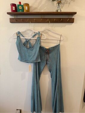 Indah Light Blue Denim Two-Piece Jumpsuit Set Tia Tie Halter L and Megan Pants M